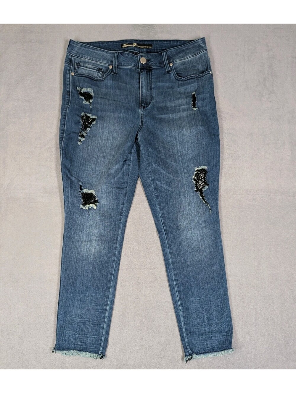 Seven7 Womens Size 16 Blue Distressed Skinny Jeans Stretch Raw Hem Ripped Denim